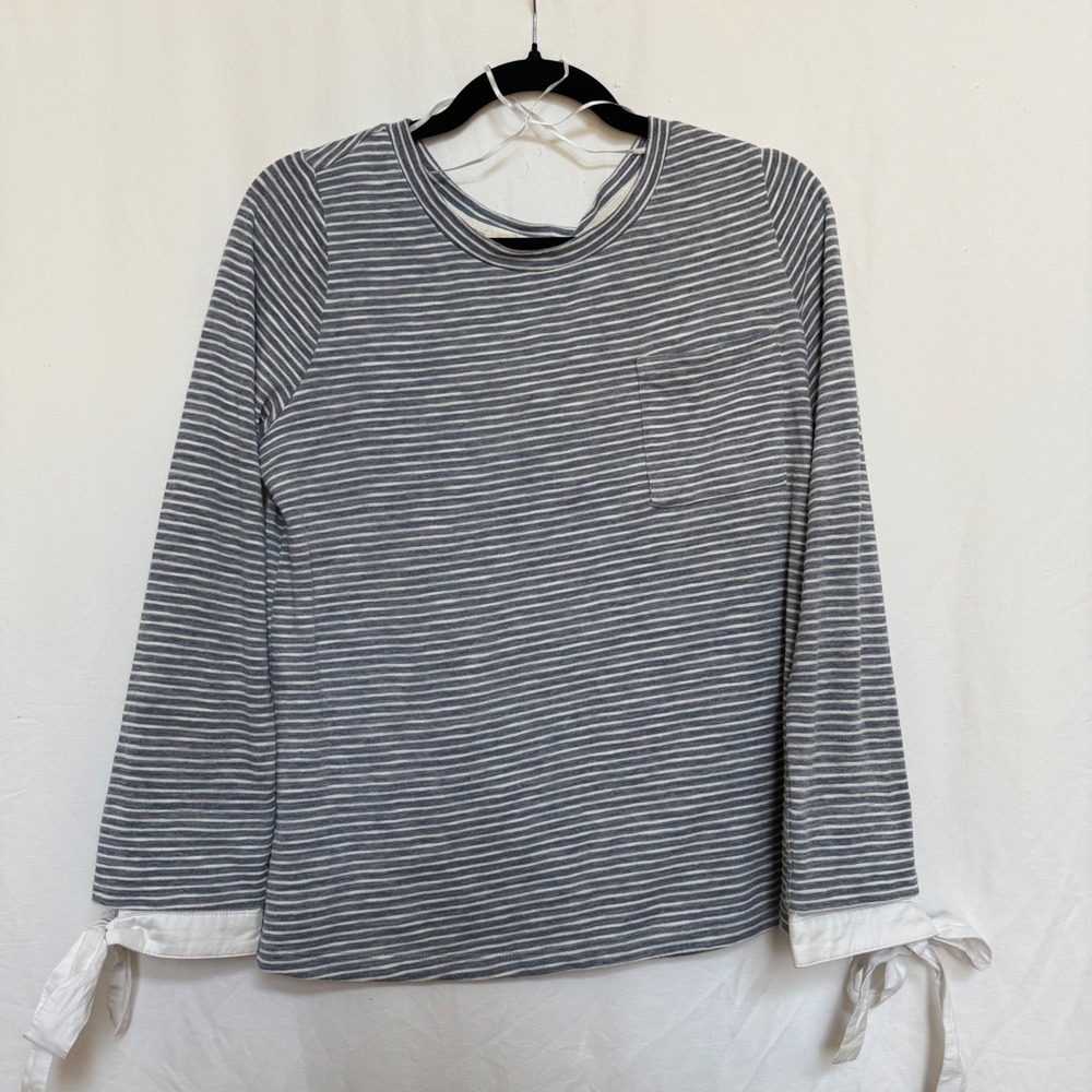 Skies Are Blue Grey White Striped Tie Cuff Long Sleeve Top M Casual Officewear